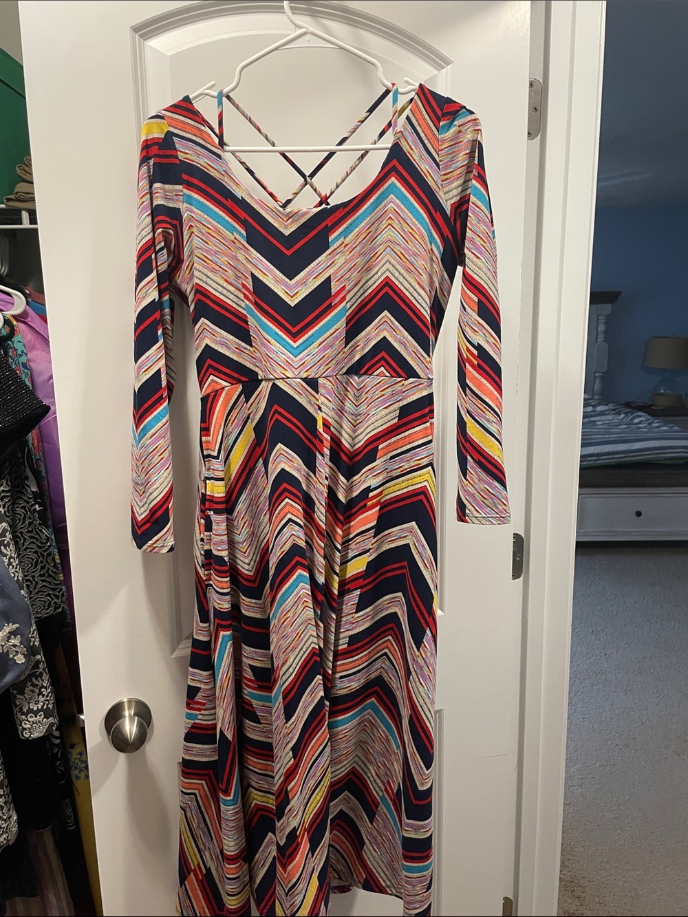 Multi-Color Chevron Long Sleeve V-Neck Maxi Dress
